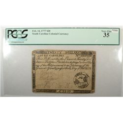1777   South Carolina COLONIAL CURRENCY  $20 note  PCGS35  RARE  est $875-$900