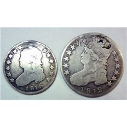 1818  Bust quarter holed/plugged  1812 half $ holed  Est $90-$95