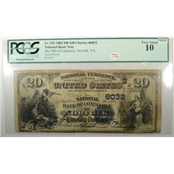 1882 dated back $20 National Bank note  NB of COMMERCE NORFOLK VA