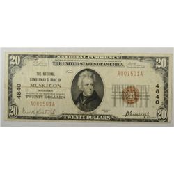 1929   $20 National Bank note LUMBERMAN NB MUSKEGON MI