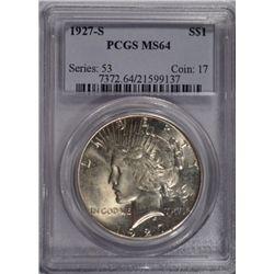 1927-S PEACE DOLLAR PCGS MS 64 GEMMY WHITE