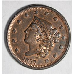 1837 LARGE CENT PLAIN CORD SMALL LETTERS AU LUSTER NICE