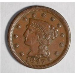 1847 LARGE CENT XF NICE