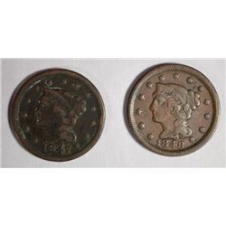 1847 7 OVER SM. 7 FINE DARK, 1848 FINE LARGE CENTS
