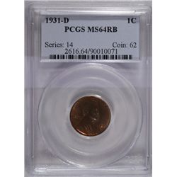 1931D Lincoln penny  PCGS64RB est $125-$150