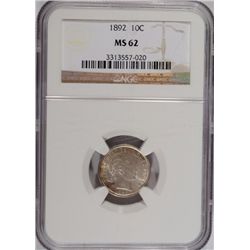 1892  Barber dime NGC62   est $150-$175