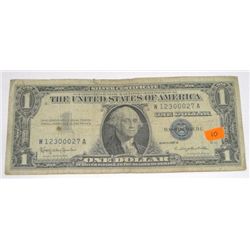 1957 SERIES B $1 SILVER CERTIFICATE SERIAL #W12300027A *RARE 123 SERIAL # NICE EARLY U.S. BILL!!