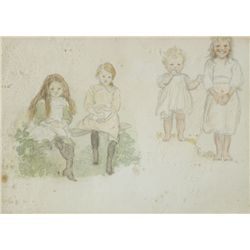 Sophia Rosamund Praeger HRHA RUA (1867-1954) - GROUP OF YOUNG GIRLS and SKETCH OF A GIRL (A PAIR)