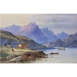 Edwin Earp (1851-1945)   - BOATS IN A LAKE WITH FIGURES WALKING TOWARDS A COTTAGE ON THE SHORE AND M