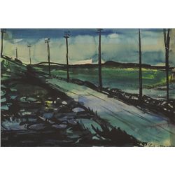 Gladys Maccabe HRUA ROI FRSA (b.1918) - STRETCH OF ROAD IN EVENING LIGHT and OUTHOUSES IN EVENING LI