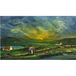 James Bingham (1925–2009) - THREE SHAWLED LADIES ON A ROAD AT SUN RISE