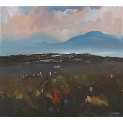 George Dunne  - LANDSCAPE BY COAST WITH MOUNTAINS IN THE DISTANCE