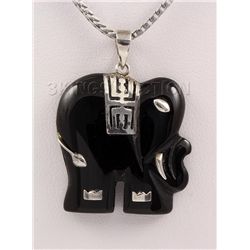 26.42CTW BLAKC JADE ELEPHANT 14KGP SILVER PENDANT