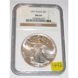 1991 CERTIFIED SILVER EAGLE 1oz .999 SILVER *RARE CERTIFIED MS-69 BY NGC HIGH GRADE*