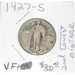 1927-S STANDING LIBERTY SILVER QUARTER *2ND LOWEST MINTAGE-RED BOOK VALUE IS $800.00 EX RARE VF+!!