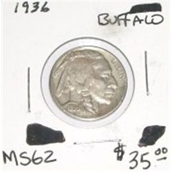 1936 BUFFALO NICKEL RED BOOK VALUE IS $35.00 *RARE MS-62 HIGH GRADE!! NICKEL CAME OUT OF SAFE!!