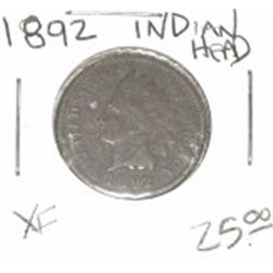 1892 INDIAN HEAD RED BOOK VALUE IS $25.00 *RARE EXTRA FINE HIGH GRADE!! PENNY CAME OUT OF SAFE!!