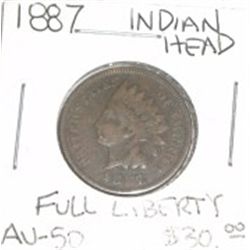 1887 INDIAN HEAD *FULL LIBERTY* RED BOOK VALUE IS $30.00 *RARE AU-50 HIGH GRADE!!