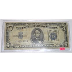 1934 SERIES A $5 SILVER CERTIFICATE BILL SERIAL #J18174313A *NICE EARLY U.S. BILL*!!