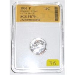 1960 SILVER PROOF ROOSEVELT DIME *RARE CERTIFIED PR-70 BY SGS