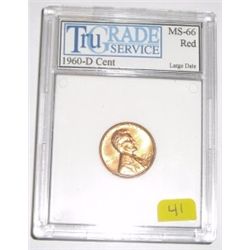 1960-D LARGE DATE RED LINCOLN CENT *RARE CERTIFIED MS-66 BY TGS!!