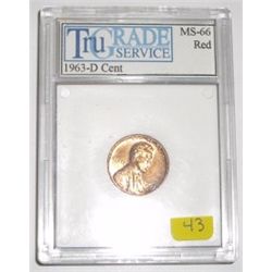 1963-D RED LINCOLN CENT *RARE CERTIFIED MS-66 BY TGS*!!