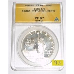 1986-S ONE DOLLAR STATUE OF LIBERTY *RARE CERTIFIED PROOF-67 DCAM BY ANACS*!!