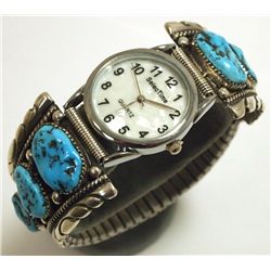 Zuni Sleeping Beauty Turquoise Sterling Silver Men's Watch - Robert & Bernice Leekya