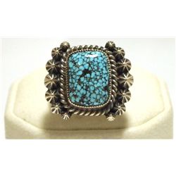 Old Pawn Navajo Spider Web Kingman Turquoise Sterling Silver Men's Ring - Kirk Smith