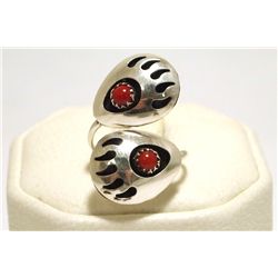 Navajo Coral Sterling Silver Bear Paw Adjustable Women's Ring - Joey McCray