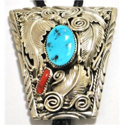 Navajo Coral & Turquoise Sterling Silver Bolo Tie - M. Thomas, Jr.