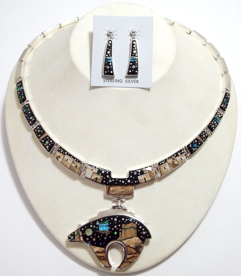 Navajo Multi Stone Inlay Night Sky Bear Sterling Silver Necklace