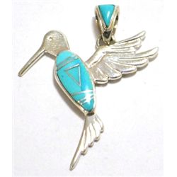 Navajo Turquoise Hummingbird Sterling Silver Pendant - Calvin Begay