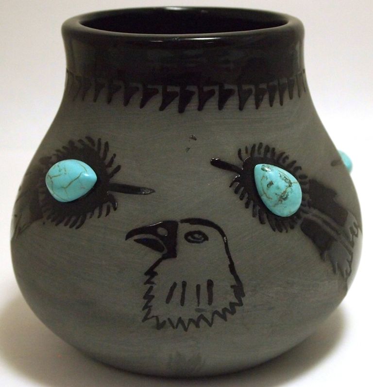 San Juan Pueblo Black Pottery Eagle & Feathers with Turquoise Marie