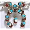 Image 2 : Zuni Coral & Turquoise Snake Squash Blossom Sterling Silver Necklace & Earrings Set - Effie Calavaza