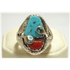 Image 1 : Zuni Coral & Turquoise Sterling Silver Snake Men's Ring - Effie Calavaza