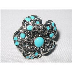 10CTW TEAL FLOWER BRASS ADJUSTABLE RING