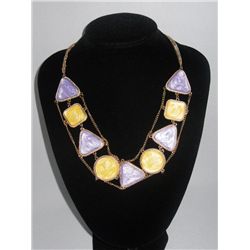 300CTW YELLOW PURPLE MULTI-SHAPED BRASS NECKLACE;18INCH