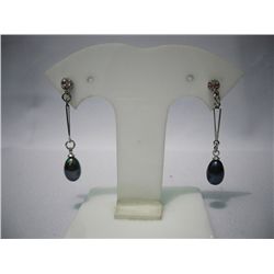 CZ DANGLING TEARDROP BLACK PEARL EARRINGS