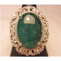 PLATINUM OVER STERLING SILVER LADIES EMERALD AND SAPPHIRE RING - SIZE 8.25