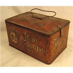 VINTAGE JUST SUITS CUT PLUG TOBACCO ADVERTISING TIN