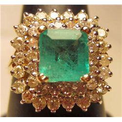 14K WHITE & YELLOW GOLD LADIES EMERALD AND DIAMOND RING - SIZE 7.5