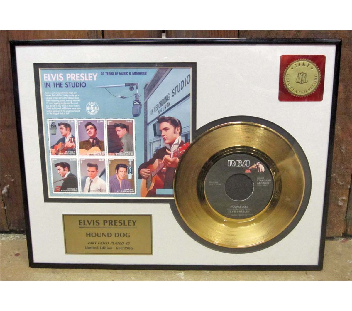 LTD. ED. ELVIS PRESLEY 24K GOLD PLATED HOUND DOG RECORD DISPLAY