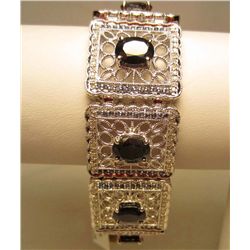 RHODIUM OVER STERLING SILVER LADIES SAPPHIRE AND DIAMOND BRACELET