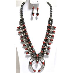 Navajo Coral Squash Blossom Sterling Silver Necklace & Earrings Set - Phil & Lenore Garcia