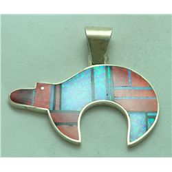 Navajo Spiny Oyster & Opal Sterling Silver Bear Pendant - Harold Smith