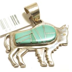 Navajo Turquoise Inlay Sterling Silver Buffalo Pendant - Calvin Begay