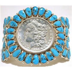 Old Pawn Navajo Turquoise Morgan Dollar Sterling Silver Cuff Bracelet - Justin Wilson