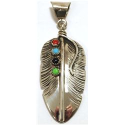 Navajo Multi-Stone Sterling Silver Feather Pendant - Vivan Jones