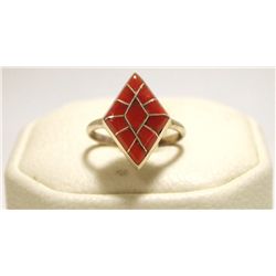 Zuni Coral Inlay Sterling Silver Women's Ring - Connie Epaloose